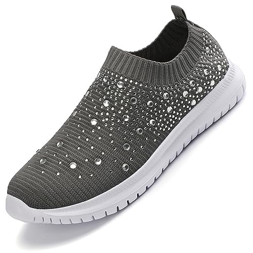 Glitter Sockenschuhe Damen Slip On Leichte Atmungsaktiv Sneaker Fitness Jogging Walkingschuhe Straßenlaufschuhe rutschfeste Outdoor Sports Tennis Schuhe Grau 36EU von Ouoruee