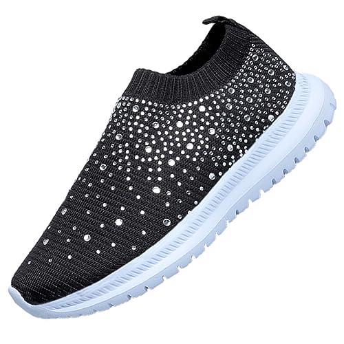 Glitter Sockenschuhe Damen Slip On Leichte Atmungsaktiv Sneaker Fitness Jogging Walkingschuhe Straßenlaufschuhe rutschfeste Outdoor Sports Tennis Schuhe Schwarz 36EU von Ouoruee