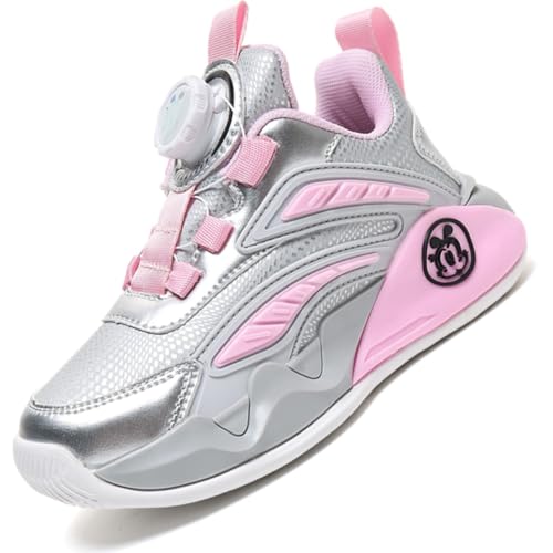 Kinderschuhe Mädchen Sportschuhe Jungen Turnschuhe Laufschuhe mit Drehknopf und rutschfest Luftpolster Sohle,Wasserdicht Leder Oberfläche GRosa EU 34 von Ouoruee