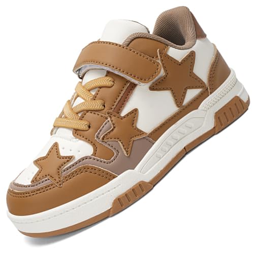 Kinderschuhe Mädchen Sportschuhe Jungen Turnschuhe Laufschuhe mit Klettverschluss und rutschfest Luftpolster Sohle,Wasserdicht Leder Oberfläche Khaki EU 34 von Ouoruee