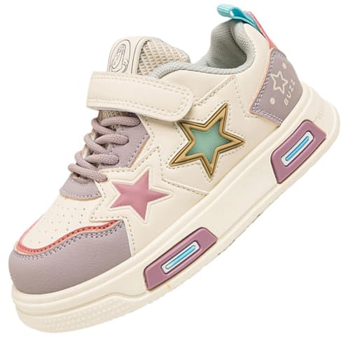 Kinderschuhe Mädchen Sportschuhe Jungen Turnschuhe Laufschuhe mit Klettverschluss und rutschfest Luftpolster Sohle,Wasserdicht Leder Oberfläche Lila EU 37 von Ouoruee