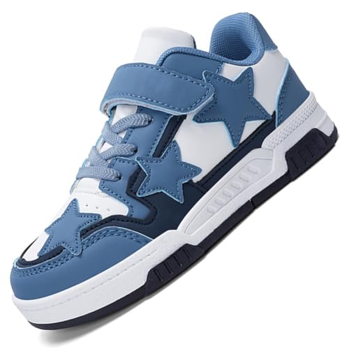 Kinderschuhe Mädchen Sportschuhe Jungen Turnschuhe Laufschuhe mit Klettverschluss und rutschfest Luftpolster Sohle,Wasserdicht Leder Oberfläche WBlau EU 36 von Ouoruee