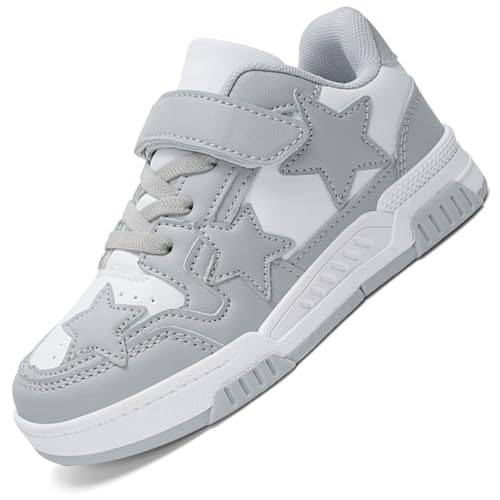 Kinderschuhe Mädchen Sportschuhe Jungen Turnschuhe Laufschuhe mit Klettverschluss und rutschfest Luftpolster Sohle,Wasserdicht Leder Oberfläche WGrau EU 37 von Ouoruee