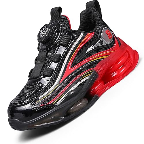 Ouoruee Kinderschuhe Atmungsaktiv Jungen Sportschuhe Mädchen Turnschuhe Laufschuhe mit Drehknopf und rutschfest Luftpolster Sohle SchwarzRot EU 35 von Ouoruee