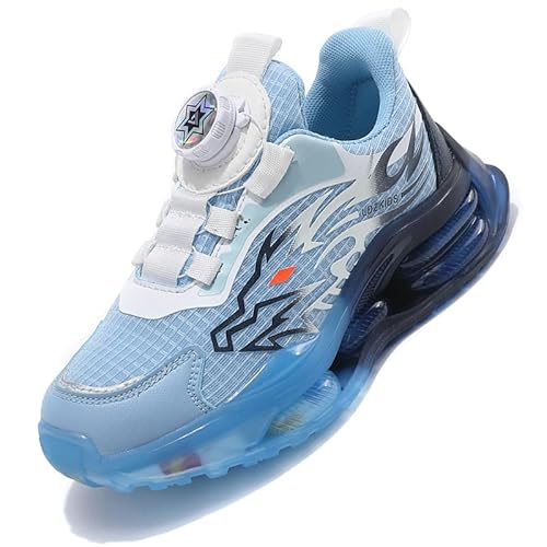 Ouoruee Kinderschuhe Atmungsaktiv Jungen Sportschuhe Mädchen Turnschuhe Laufschuhe mit Drehschnalle und rutschfest Leicht Luftkissen Sohle Blau EU 28 von Ouoruee