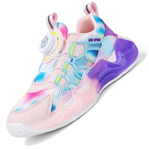 Ouoruee Kinderschuhe Atmungsaktiv Jungen Sportschuhe Mädchen Turnschuhe Laufschuhe mit Drehschnalle und rutschfest Leicht Luftkissen Sohle Rosa EU 35 von Ouoruee