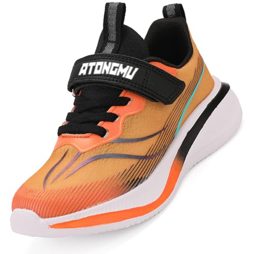 Ouoruee Kinderschuhe Atmungsaktiv Jungen Sportschuhe Mädchen Turnschuhe Laufschuhe mit Klettverschluss und rutschfest Leicht Halle Sohle Orange 38EU von Ouoruee