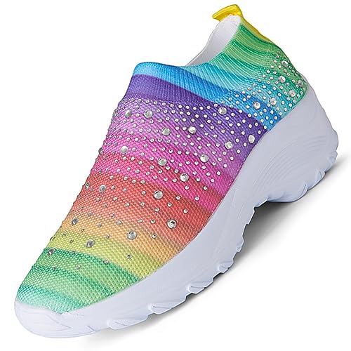 Sockenschuhe Damen Glitter Slip On Leichte Atmungsaktiv Sneaker Fitness Jogging Walkingschuhe Straßenlaufschuhe rutschfeste Outdoor Sports Tennis Schuhe Regenbogen 36EU von Ouoruee