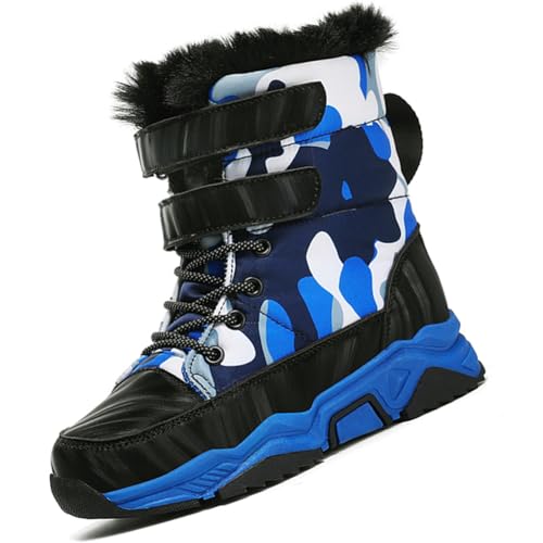 Winterstiefel für Mädchen und Jungen Winterschuhe Warm Gefüttert Winterboots Outdoor Rutschfeste Wasserdicht Leder Oberfläche Schneestiefel Kinder SchwarzBlau EU 36 von Ouoruee