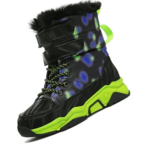 Winterstiefel für Mädchen und Jungen Winterschuhe Warm Gefüttert Winterboots Outdoor Rutschfeste Wasserdicht Leder Oberfläche Schneestiefel Kinder SchwarzGrün EU 38 von Ouoruee