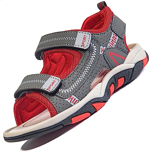 kinder Sommerschuhe sandalen für Jungen und Mädchen Outdoor Trekking,Grau Rot,36EU von Ouoruee