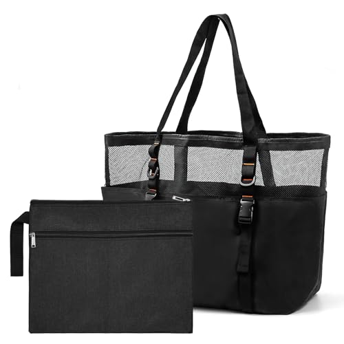 Oupuven Große Strandtasche Familie 42 * 39 * 20cm Mesh Strandtasche XXL, Beach Bag Tote Bag Damen mit Reißverschluss mit Kosmetiktasche, für Strand Pool Fitnessstudio Reisen Einkaufen und Alltag von Oupuven