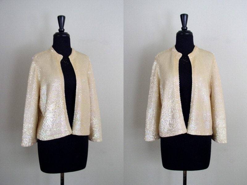 Vintage 1950Er Aurora Borealis Cardigan/50Er Jahre Gia Ninno Für Joyce Creme Wolle Paillettenpullover von OurTownVintage