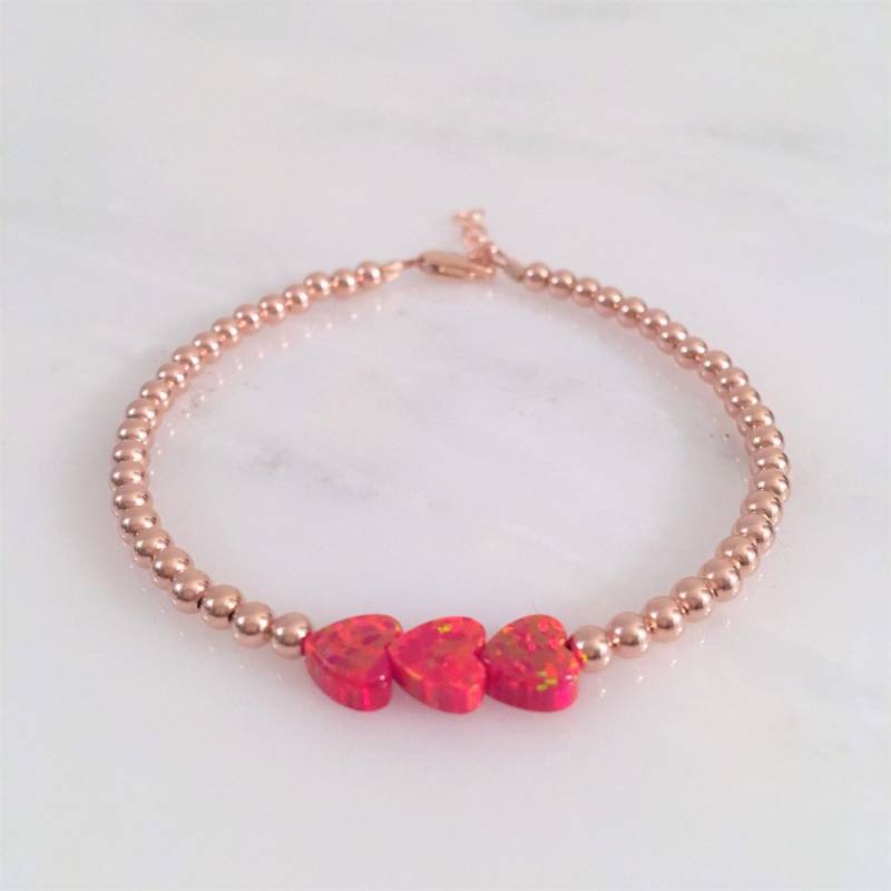 Dreifach Herz Rot Opal Rose Gold-Filled Sterling Silber Oder Gold Filled Perlen Armband, Schmuck, Charity Armband von OurWholeHeart
