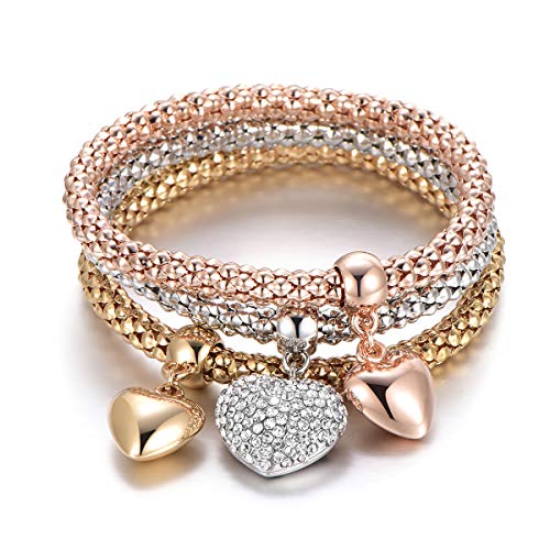 3pcs Stretch-Armband für Frauen, Pop-Corn-Kette Armband mit Charm-Anhänger Rose Gold Silber Manschette Armband für Freunde Geschenk (#2 Herz Anhänger, Farben mischen) von Ouran