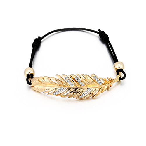 Ouran Damen-Charm-Armband, Glücksbringer-Armband mit Federn, verstellbar, aus Wachsknoten, Schwarz mit Kristall, 20 cm, Kristall von Ouran