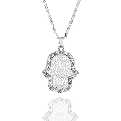 Ouran Halskette für Frauen, Hamsa Hand Anhänger Halskette mit CZ Kristall Mädchen Lange Kette glänzende Strass Halskette (Versilbert) von Ouran