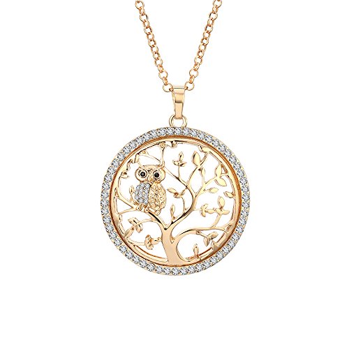 Ouran Fashion Halskette für Frauen, Baum des Lebens mit Eule Anhänger Halskette Mädchen CZ Kristall Halskette Lange Halskette Glänzende Strass Halskette (Vergoldet) von Ouran