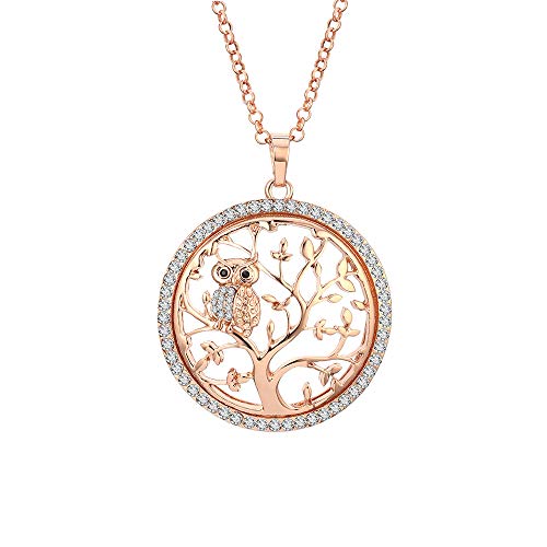 Ouran Fashion Halskette für Frauen, Baum des Lebens mit Eule Anhänger Halskette Mädchen CZ Kristall Halskette Lange Halskette Glänzende Strass Halskette (Roségold) von Ouran