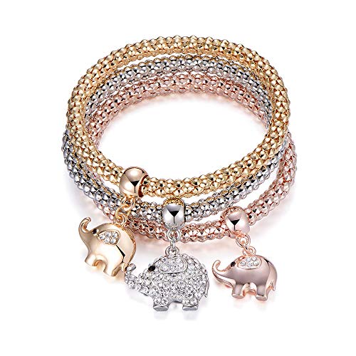 Ouran 3-teiliges Stretch-Armband für Damen, Popcorn-Ketten-Armband mit Charm-Anhänger, Roségold und Silber, Manschetten-Armband für Freunde, Mutter-Geschenk (3 Stück/Set), Kristall Metall, zirkonia von Ouran