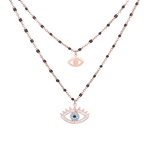Ouran Evil Eye Anhänger Halskette für Frauen, doppellagige Rotgold und versilberte Edelstahlkette Halskette mit Kristall, Kristall Edelstahl, Kristall, von Ouran