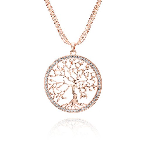 Ouran Baum des Lebens-Anhänger-Halskette für Damen, Roségold- und Silber-Halskette mit Kristallschicht-Langketten-Halskette (Versilbert) von Ouran