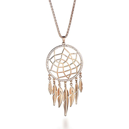 Ouran Modische Halskette für Frauen, Dreamcatcher Halskette mit Feder-Anhänger für Mädchen, lange Kette, glänzend, Strass, Halskette, Metall, Strass von Ouran