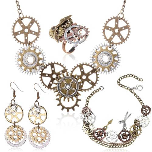 4 Stück Steampunk Accessoires Damen, Steampunk Kostüm Zahnräder Halskette Ohrringe Armband Ring Vintage Metall Zahnrad Steampunk Zubehör Gothic Schmuckzubehör Set für Fasching Karneval Kostüm von Ourdort