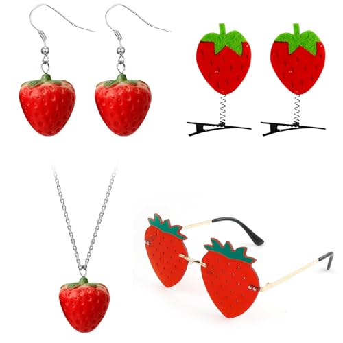 Erdbeer Kostüm Damen Mädchen,Erdbeer Brille Ohrringe Haarspangen Halskette,Strawberry Schmuckset für Fasching Karneval Halloween Cosplay Kostüm Party,für Kinder Erwachsene von Ourdort