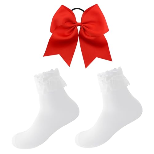 Schleife Haargummi Rot Große, Rüschen Spitze Knöchelsocken Baumwolle, Schleife Haarseil Cheerleader Haarschmuck Kopfbedeckung für Damen Mädchen Weihnachtsfeier, Karneval Motto Party von Ourdort