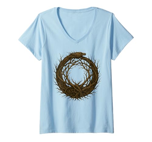 Damen Verwurzelter Ouroboros Schlangenbaum Kreis Natur Symbol T-Shirt mit V-Ausschnitt Damen Verwurzelter Ouroboros Schlangenbaum Kreis Natur Symbol T-Shirt mit V-Ausschnitt von Ouroboros Tree Roots Branches Circle Design