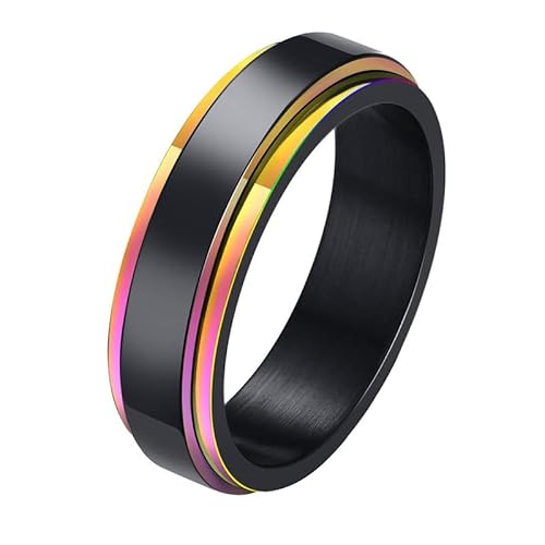 Ouruiba Ring drehbar Regenbogen Gay Lesbisch LGBT schwarz bunt Edelstahl Schmuck Paar Ehering für Herren Damen, Edelstahl von Ouruiba