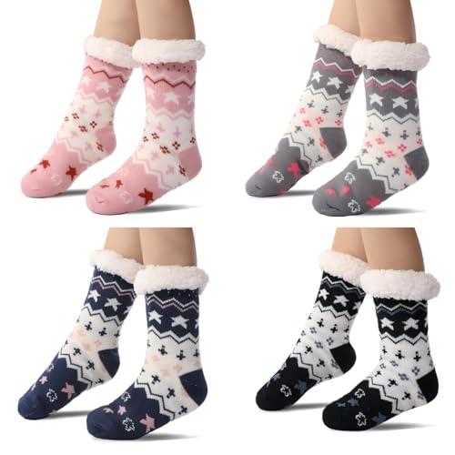 Ouruikia 4 Paar Damen Thermosocken Haussocken mit Anti Rutsch Sohle Warme Wintersocken Innfleece Hausschuhe Socken, Sterne von Ouruikia