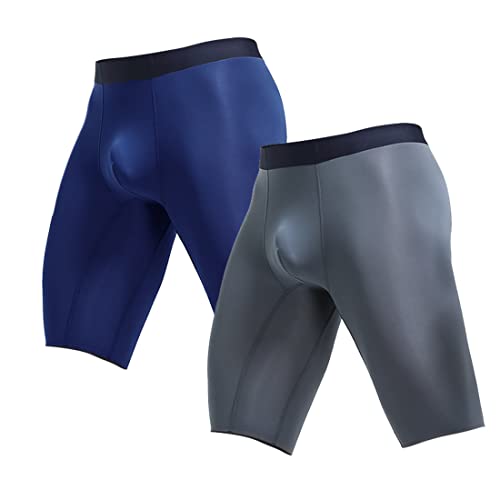 Ouruikia Boxershorts Herren Seidig glatt Eisseide Dünn Leicht Schnell Trocknende Lang Bein Spurlose Unterhosen Unterwäsche, 2er Pack, Marineblau/Grau, M von Ouruikia