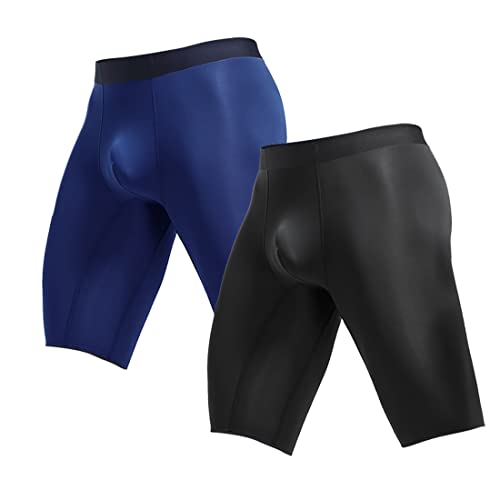 Ouruikia Boxershorts Herren Seidig glatt Eisseide Dünn Leicht Schnell Trocknende Lang Bein Spurlose Unterhosen Unterwäsche, 2er Pack, Schwarz/Marineblau, M von Ouruikia