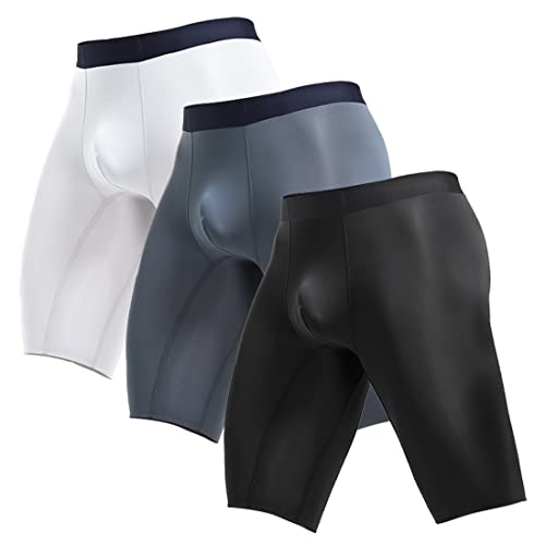 Ouruikia Boxershorts Herren Seidig glatt Eisseide Dünn Leicht Schnell Trocknende Lang Bein Spurlose Unterhosen Unterwäsche, 3er Pack, Schwarz/Grau/Weiß, XL von Ouruikia