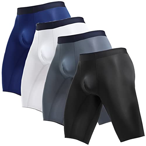 Ouruikia Boxershorts Herren Seidig glatt Eisseide Dünn Leicht Schnell Trocknende Lang Bein Spurlose Unterhosen Unterwäsche, 4er Pack, Schwarz/Marineblau/Grau/Weiß, XL von Ouruikia