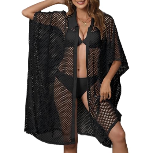 Ouruikia Damen Strand Cardigan Gitter Ausgehöhlt Bikini Cover up Beach Button Down Shirt Kleider Strickjacke, Schwarz von Ouruikia