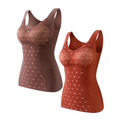 Ouruikia Damen Thermo Unterwäsche Oberteil Weste Warme Unterhemd Fleece gefüttert Basisschicht mit Padded Winter 2er Pack, Braun+Rot, L von Ouruikia