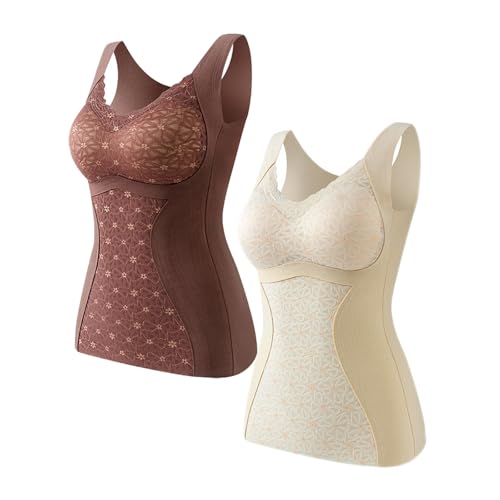 Ouruikia Damen Thermo Unterwäsche Oberteil Weste Warme Unterhemd Fleece gefüttert Basisschicht mit Padded Winter 2er Pack, Weiß+Braun, S von Ouruikia