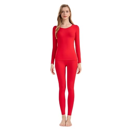 Ouruikia Damen Thermounterwäsche Set Baumwolle Rundhalsausschnitt Weich Thermooberteil Thermohose Warme Skiunterwäsche, Rot, XL von Ouruikia