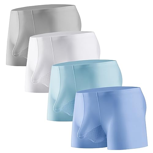 Ouruikia Herren Boxershorts Eisige Seide Transparente Retroshorts Schnell Trocknende Lithe Männer Unterhosen Unterwäsche mit Separat Beutel, 4er Pack, Grau/Weiß/Hellblau/Himmelblau, XL von Ouruikia