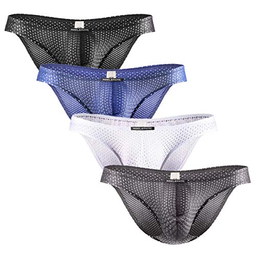 Ouruikia Herren Slips Netzstoff Niedrige Taille Schnell Trocknende Porosity Belüftet Leicht und Weiche Männer Unterwäsche Unterhose, 4er Pack, Schwarz/Grau/Marineblau/Weiß, XL von Ouruikia
