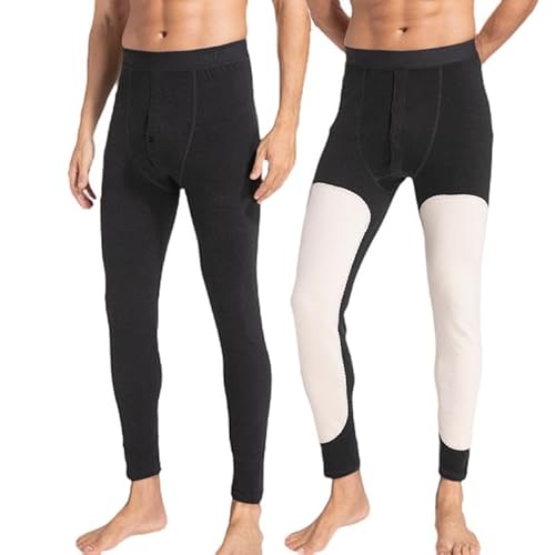 Ouruikia Herren Thermounterwäsche Fleece gefütterte Unterhose Thermohose Long Johns Hose mit Kniepolstern, Schwarz, XL von Ouruikia