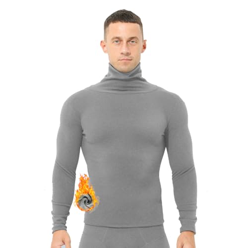 Ouruikia Herren Thermounterwäsche Oberteile Dünnes Innenfleece Rollkragen Langarm Pullover Base Layer Winter, Grau, S von Ouruikia
