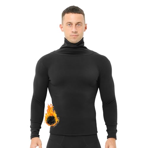 Ouruikia Herren Thermounterwäsche Oberteile Dünnes Innenfleece Rollkragen Langarm Pullover Base Layer Winter, Schwarz, XL von Ouruikia