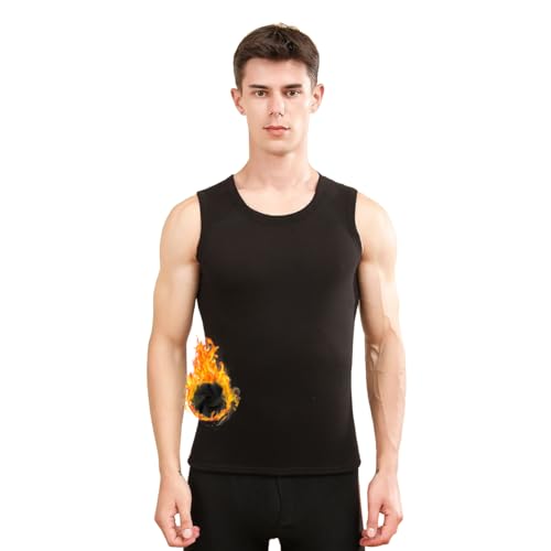 Ouruikia Herren Thermounterwäsche Oberteile Unterhemden Fleece Gefütterte Rundhalsausschnitt Thermo Weste Ärmellose Winter Tank Top, Schwarz, XL von Ouruikia