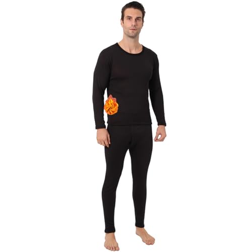 Ouruikia Herren Thermounterwäsche Set Fleece gefüttert Unterhemd Thermohose Long Johns Base Layer Extra Dickes Anzug Super Warm, Schwarz, XL von Ouruikia
