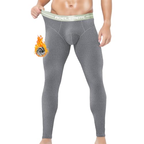 Ouruikia Herren Thermounterwäsche Unterhose Double Faced Fleece Warme Thermohose mit Bulge Tasche, Grau, S von Ouruikia