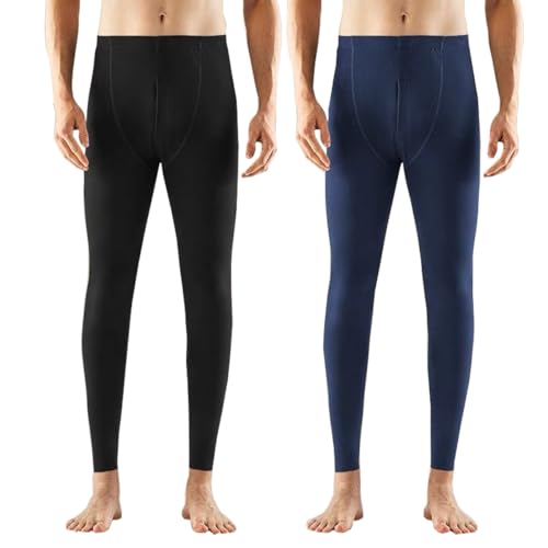 Ouruikia Herren Thermounterwäsche Unterhosen Leichte Fleece Gefütterte Thermohosen Warme Lange Leggings 2er Pack, Schwarz+Blau, M von Ouruikia